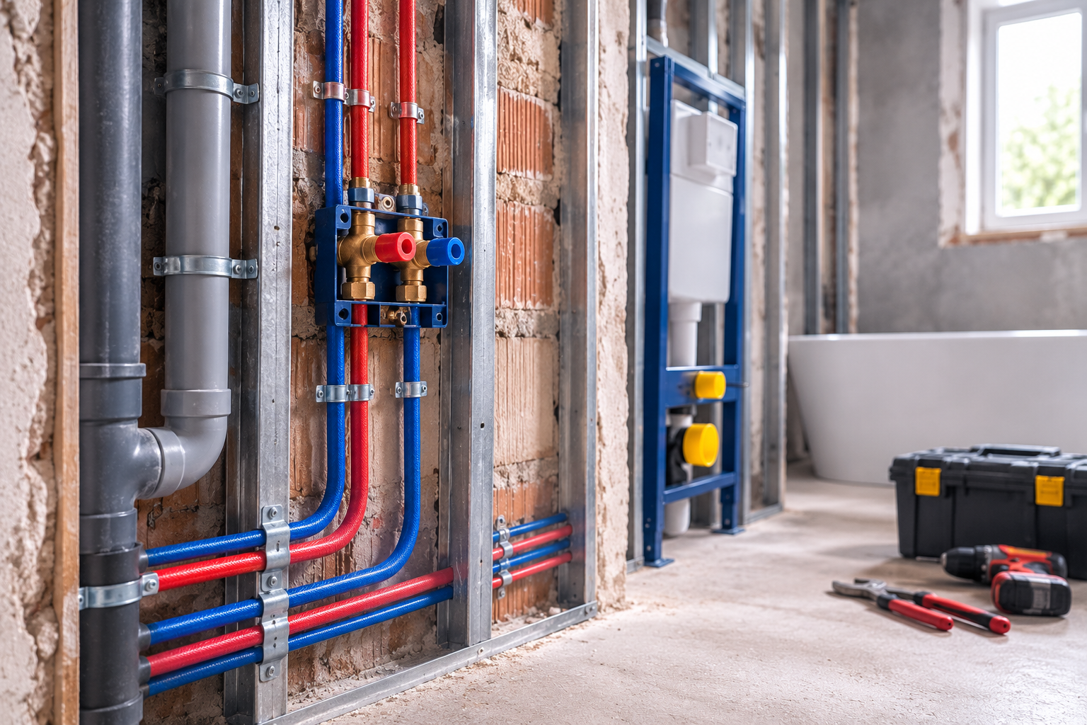 ChatGPT Image 6 août 2026 00_21_36 - JCM Basket Plumbing rough-in with blue and red supply lines, brass valves, and metal framing against a brick wall in a construction site bathroom area