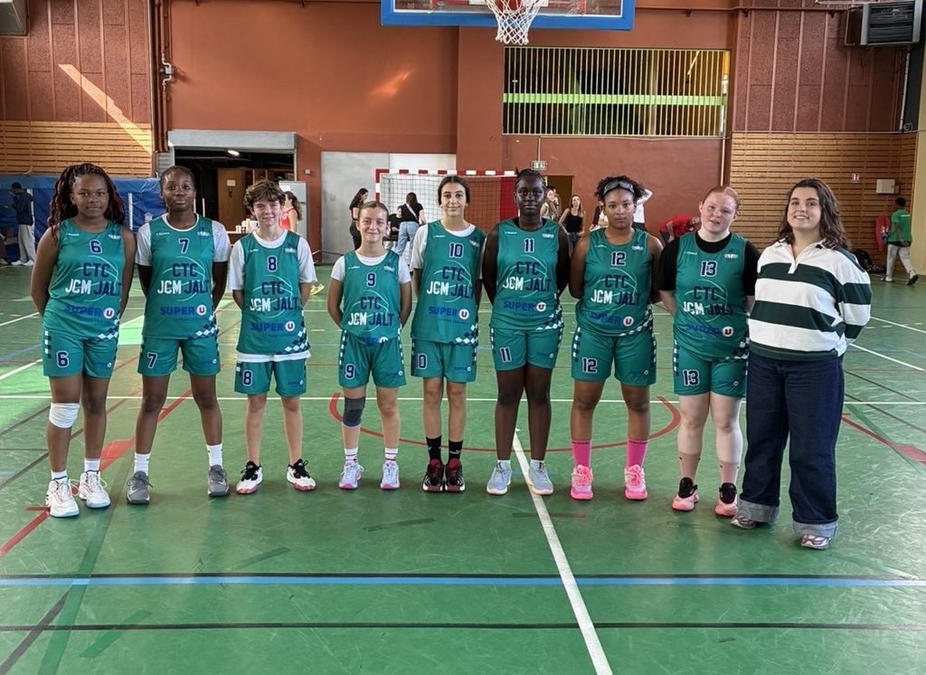 Girls' basketball team lined up in turquoise uniforms inside a gym, wearing numbered jerseys 6–13 and sneakers.