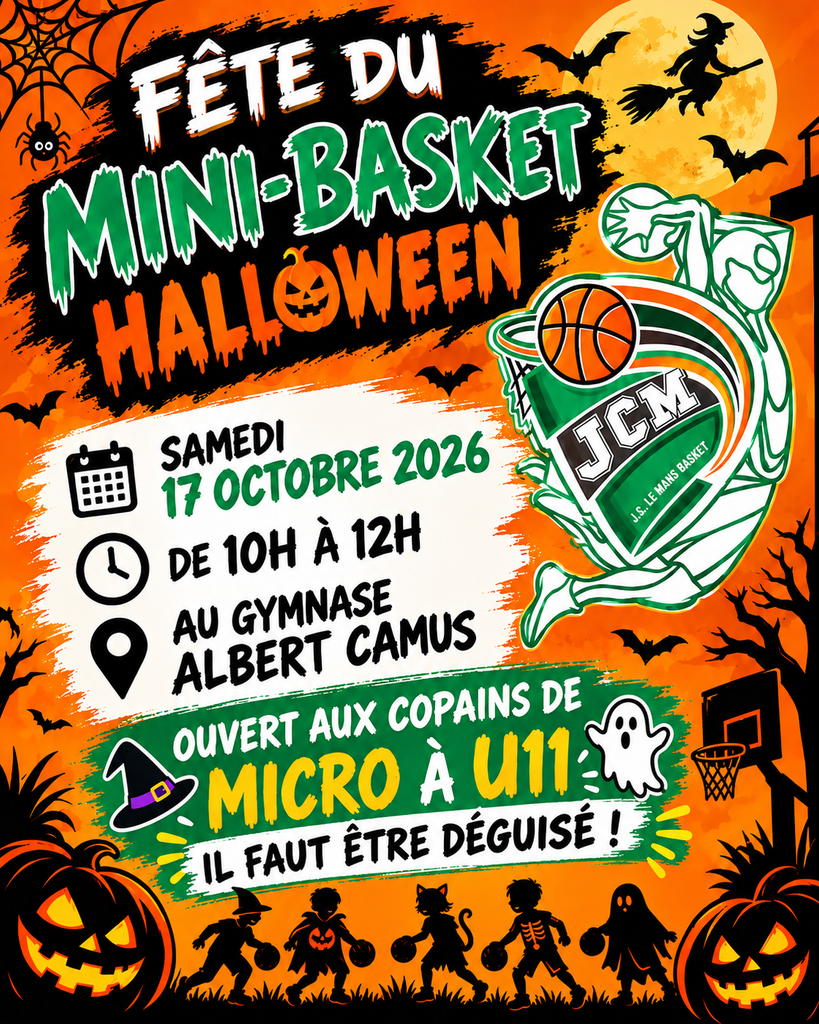 Halloween-themed mini-basketball event poster with a basketball crest, pumpkins, bats and witches; shows date Oct 17, 2026, 10:00–12:00 at Gymnase Albert Camus, open to U11 in costumes.